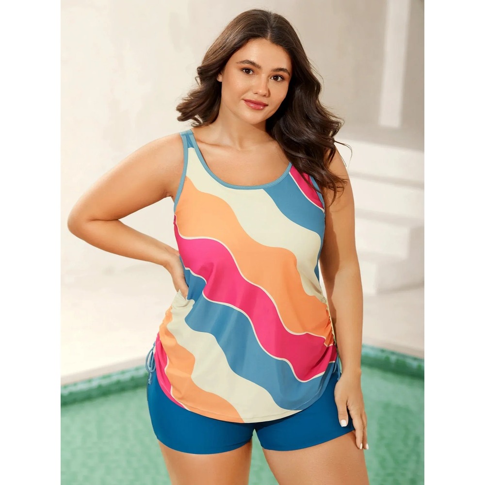 Bloomchic Tankini Swim Top Womens 3XL Plus Multicolor Stripe Drawstring Lined